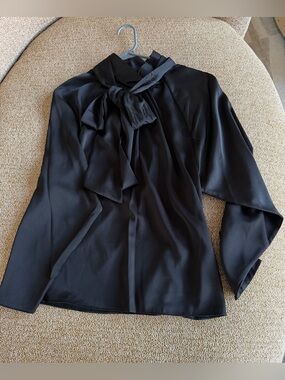 DKNY Women's Black Satin Tie-Neck Blouse